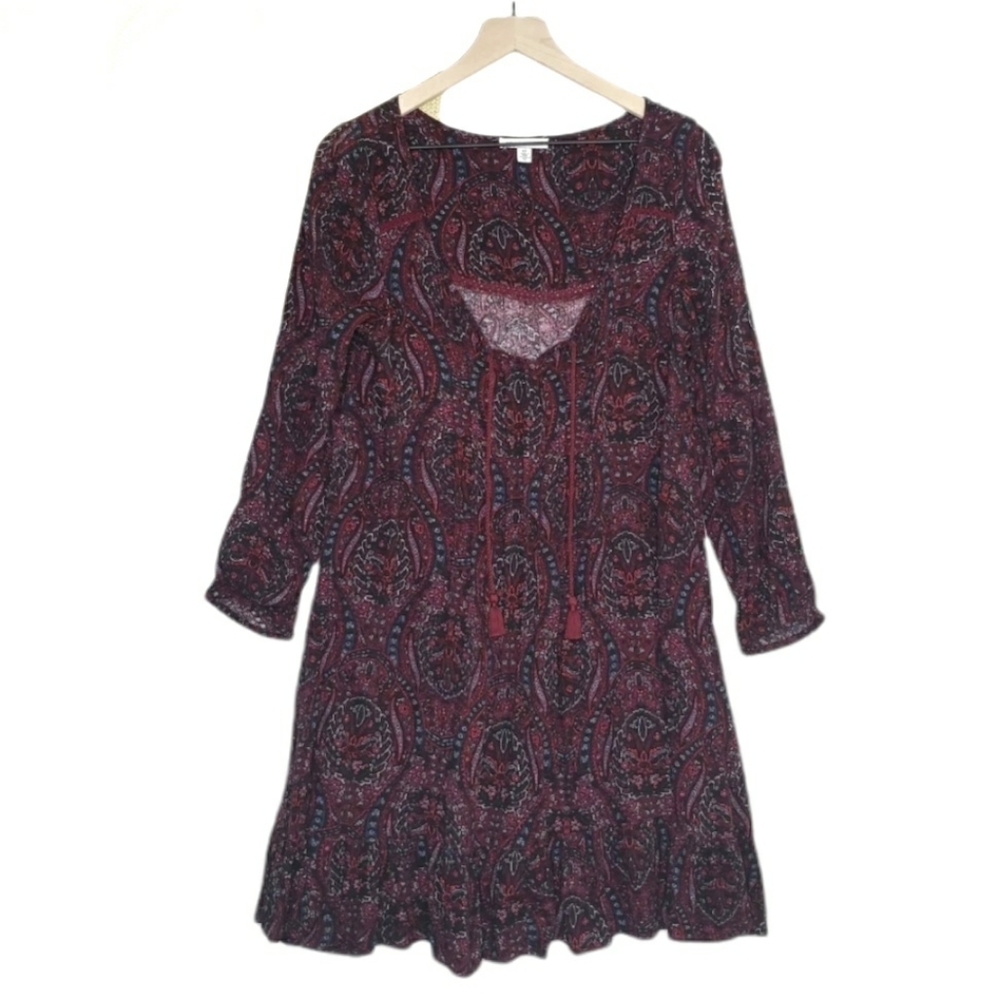 American Eagle Drop Waist Paisley Floral Dress S Maroon Burgundy Peasant Boho - Picture 1 of 10